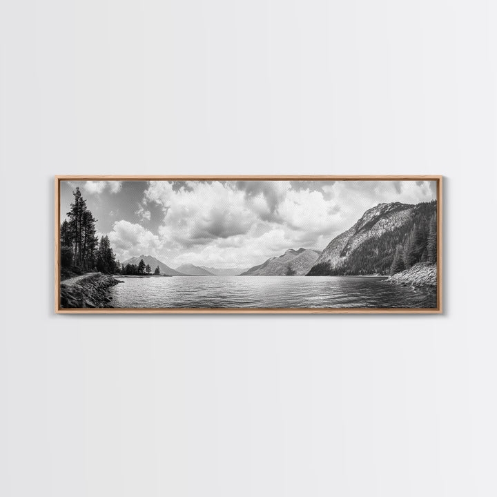 Mountain Lake, Forest Panorama, Serene Wilderness, Framed Canvas Print, Nature Lover Wall Art, Rustic Lodge Decor, Neutral Palette