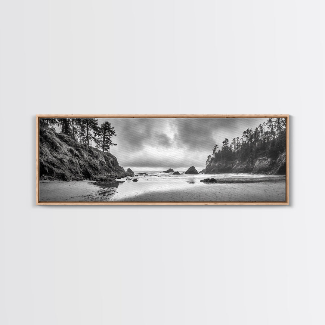 Misty Coastline, Dramatic Shore, Moody Ocean Scene, Framed Canvas Print, Coastal Living Room Art, Black and White Nature Decor