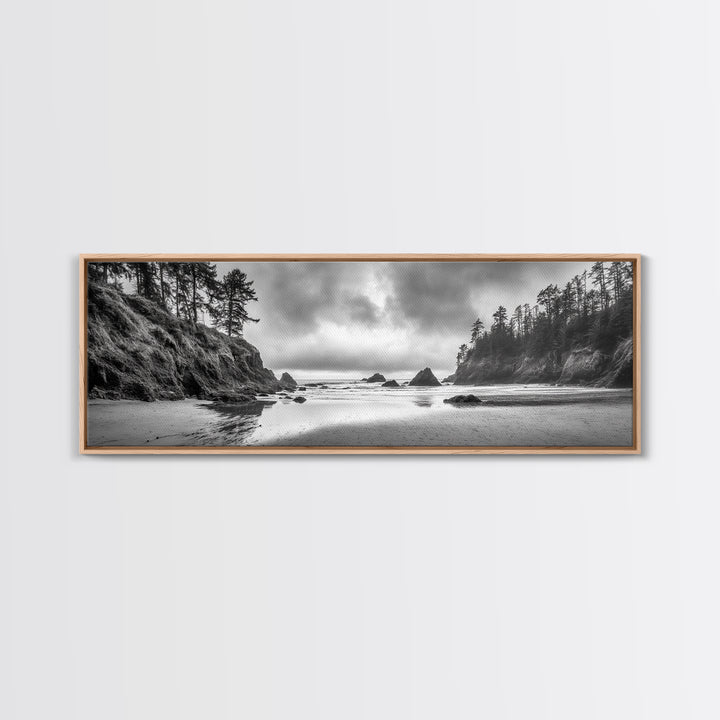Misty Coastline, Dramatic Shore, Moody Ocean Scene, Framed Canvas Print, Coastal Living Room Art, Black and White Nature Decor