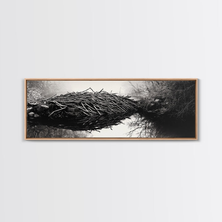 Beaver Dam, Nature Structure, Quiet Creek, Reflection Art, Framed Canvas Print, Cabin Wall Art, Rustic Decor, Woodland Black and White Art