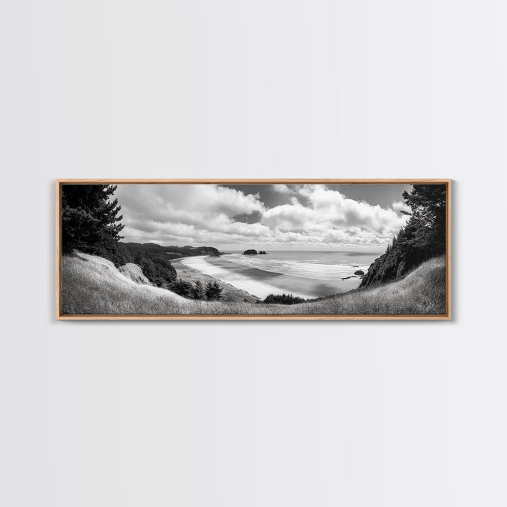 Ocean Bluff View, Seaside Hills, Coastal Forest Horizon, Framed Canvas Print, Nature Landscape Art, Living Room or Office Decor
