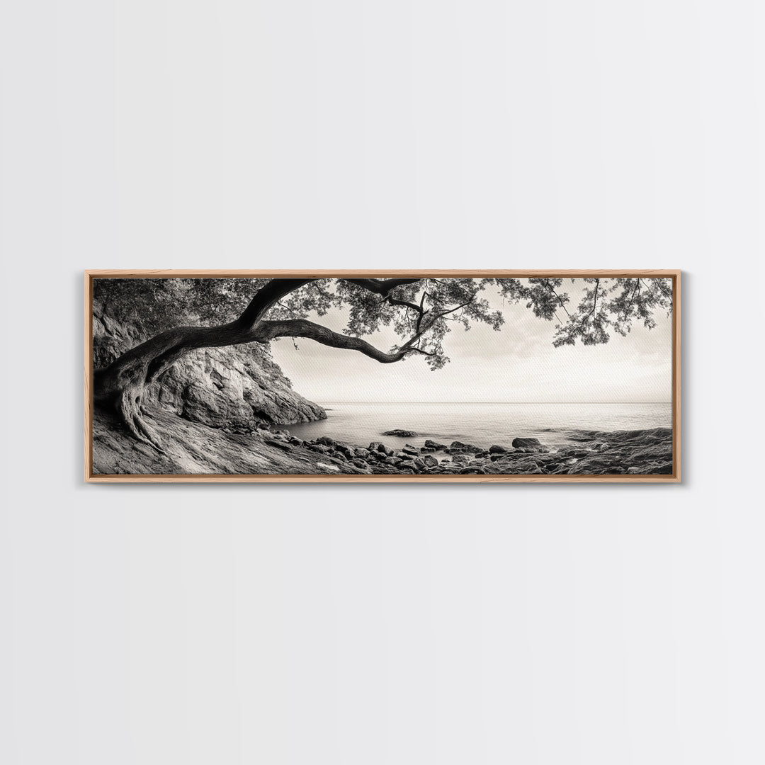 Tree By The Sea, Ocean Cliff, Black And White Nature, Framed Canvas Print, Coastal Wall Decor, Minimalist Art, Tranquil Bedroom Print