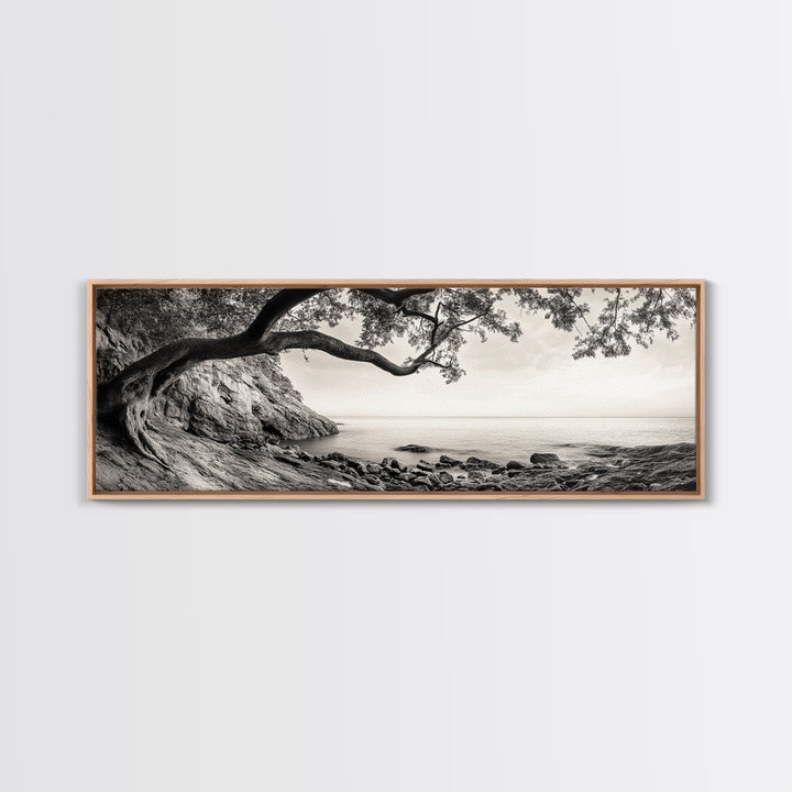 Tree By The Sea, Ocean Cliff, Black And White Nature, Framed Canvas Print, Coastal Wall Decor, Minimalist Art, Tranquil Bedroom Print