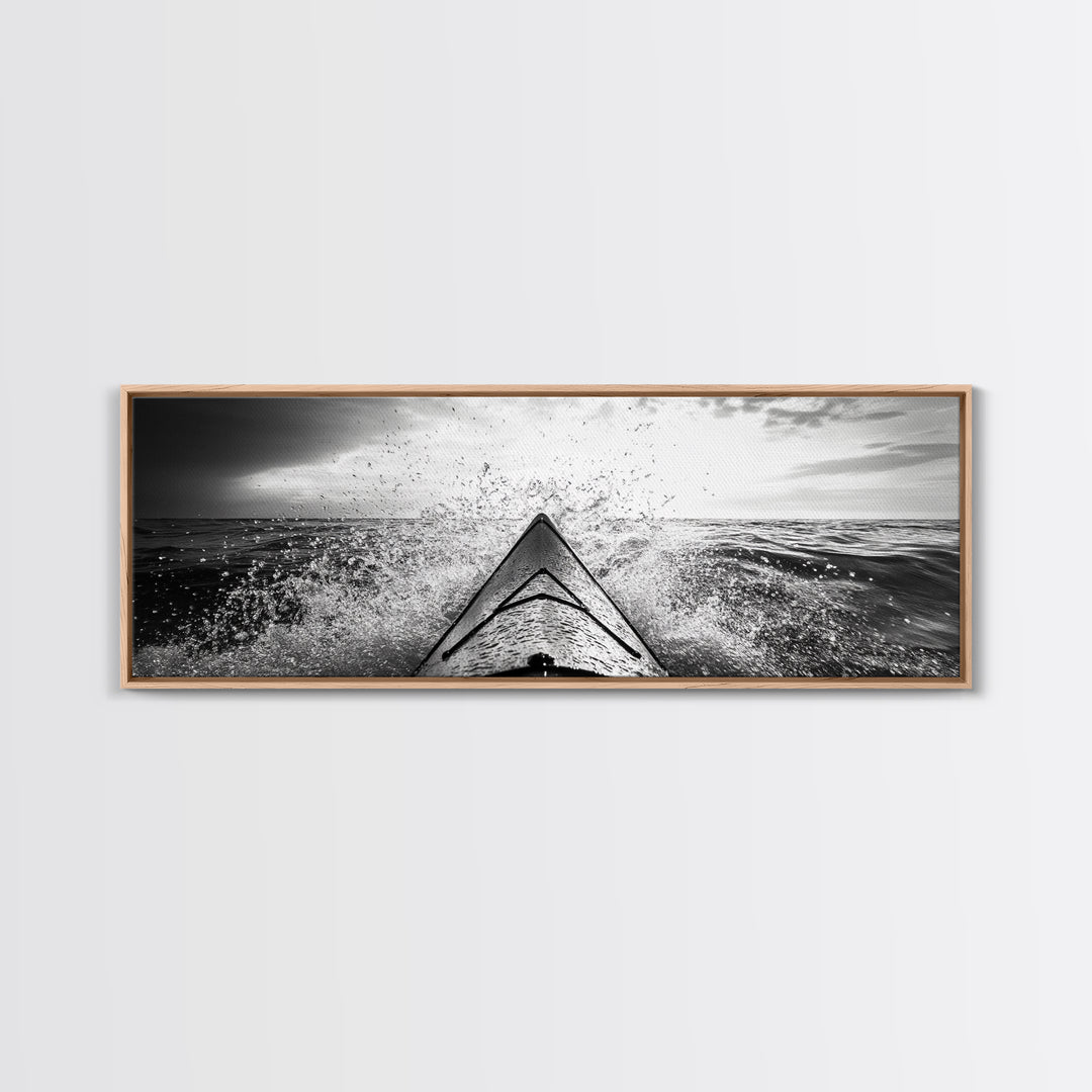 Ocean Kayak Splash, Adventure Wall Art, Ocean Motion, Black And White Canvas Print, Modern Decor, Nautical Style, Sports Lover Gift