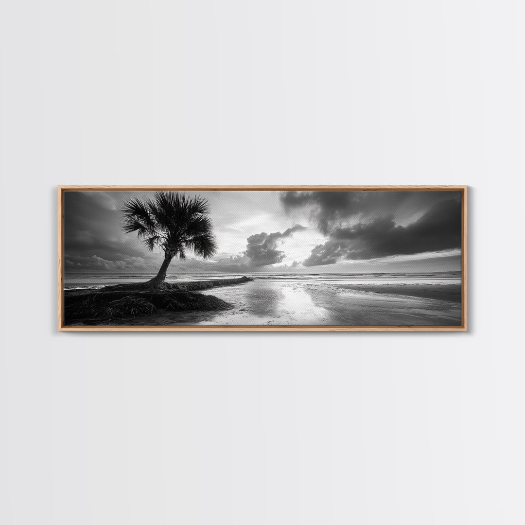 Solitary Palm Tree, Ocean Storm, Moody Landscape, Beach Wall Decor, Framed Canvas Print, Coastal Living Room Art, Monochrome Photography