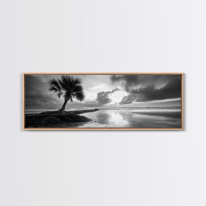 Solitary Palm Tree, Ocean Storm, Moody Landscape, Beach Wall Decor, Framed Canvas Print, Coastal Living Room Art, Monochrome Photography