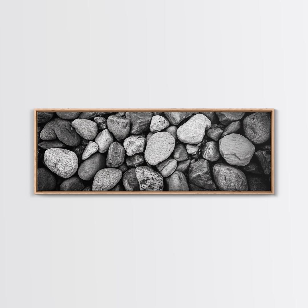 Zen Stones, Nature Texture, River Rock Closeup, Minimalist Photography, Framed Canvas Print, Spa Bathroom Wall Art, Modern Black White
