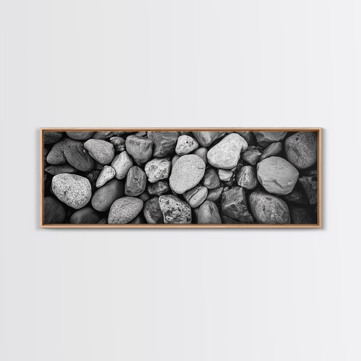 Zen Stones, Nature Texture, River Rock Closeup, Minimalist Photography, Framed Canvas Print, Spa Bathroom Wall Art, Modern Black White