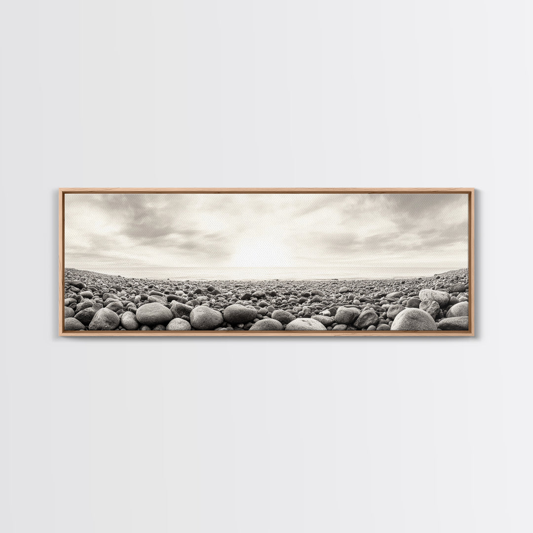 Pebble Shoreline, Soft Horizon, Beach Sunrise, Calm Coastal Decor, Framed Canvas Print, Neutral Tones, Bedroom Wall Art, Nature Minimalism