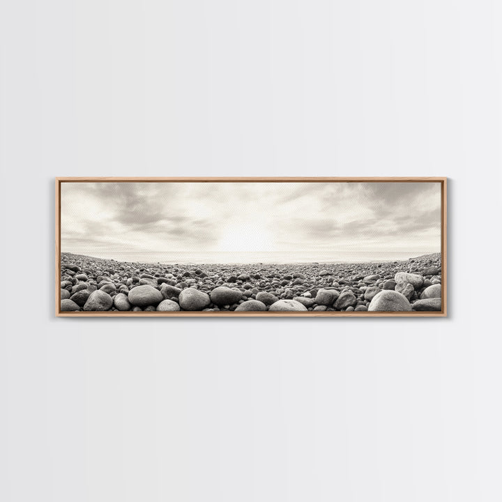 Pebble Shoreline, Soft Horizon, Beach Sunrise, Calm Coastal Decor, Framed Canvas Print, Neutral Tones, Bedroom Wall Art, Nature Minimalism
