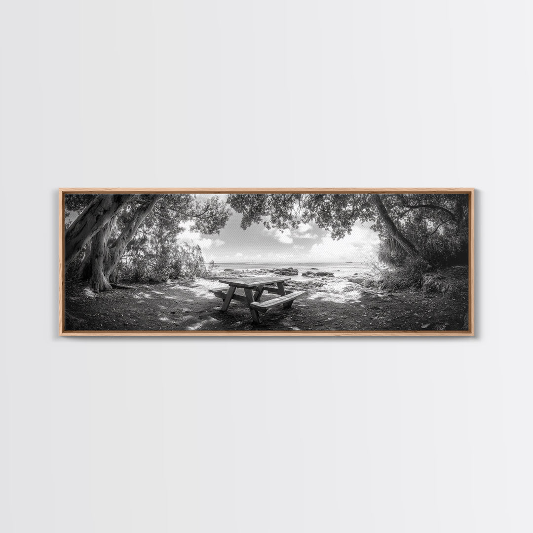 Secluded Picnic Spot, Ocean View, Tranquil Escape, Nature Sanctuary Art, Framed Canvas Print, Kitchen Wall Decor, Coastal Forest Vibe