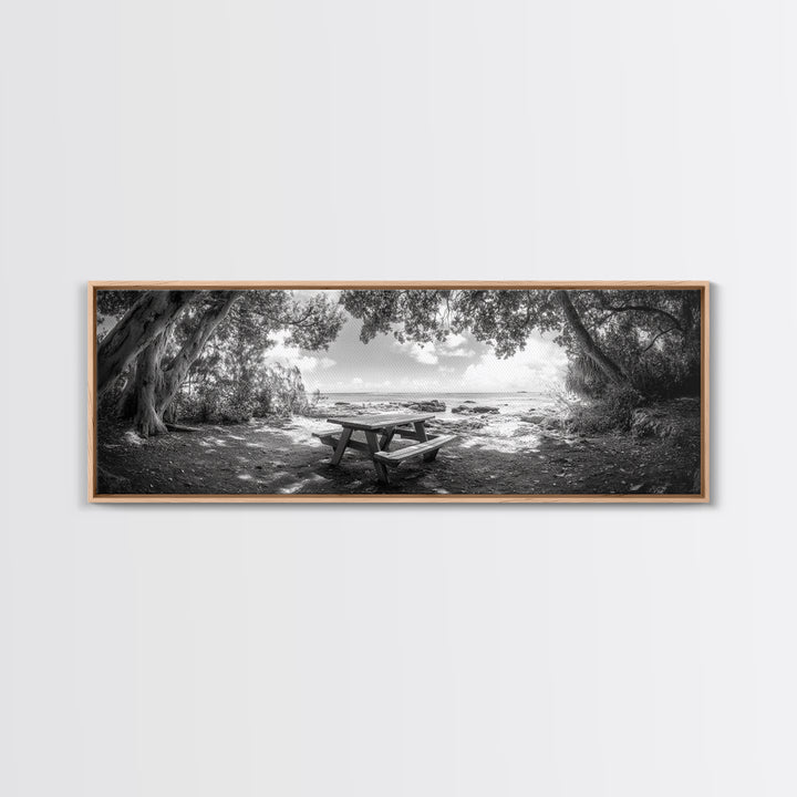 Secluded Picnic Spot, Ocean View, Tranquil Escape, Nature Sanctuary Art, Framed Canvas Print, Kitchen Wall Decor, Coastal Forest Vibe