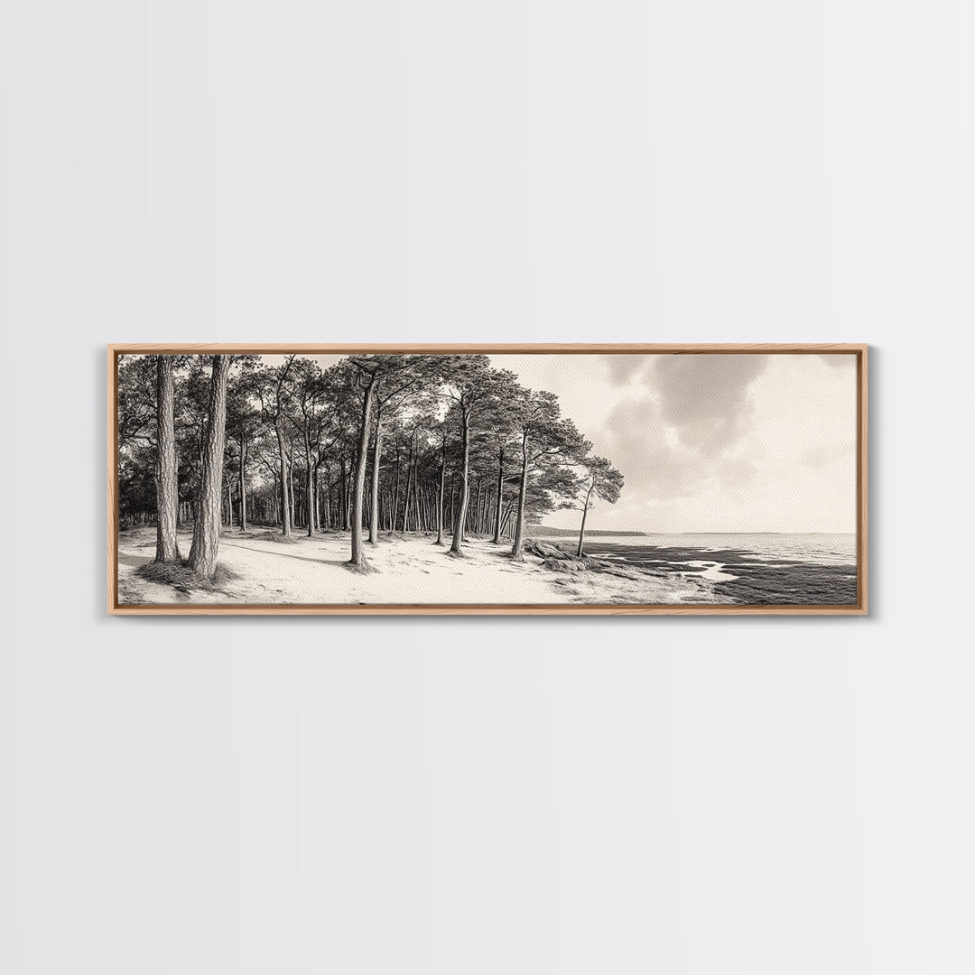 Pine Forest Coast, Tranquil Wilderness, Shoreline Trees, Earthy Coastal Scene, Framed Canvas Print, Rustic Wall Art, Autumn Cabin Decor