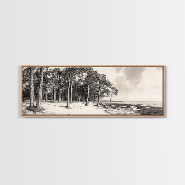 Pine Forest Coast, Tranquil Wilderness, Shoreline Trees, Earthy Coastal Scene, Framed Canvas Print, Rustic Wall Art, Autumn Cabin Decor