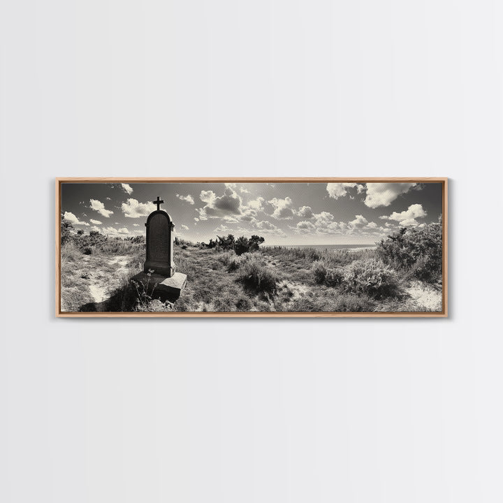 Coastal Tombstone, Sacred Landscape, Ocean Horizon, Graveyard Scene, Framed Canvas Print, Fall Living Room Decor, Moody Historical Art