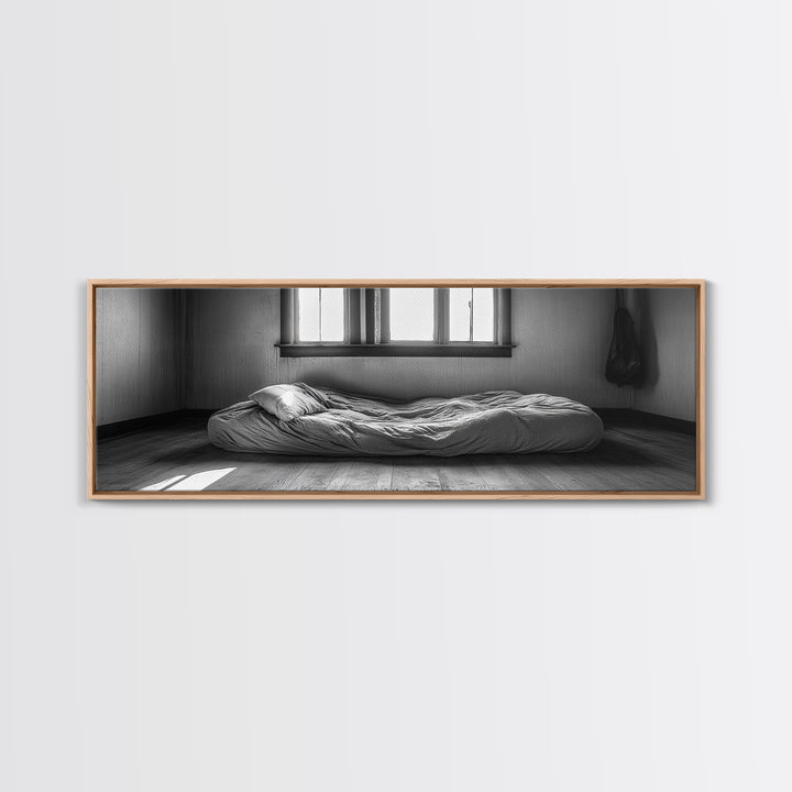 Minimalist Bedroom, Simple Living, Monochrome Bed, Peaceful Morning, Framed Canvas Print, Bedroom Wall Art, Moody Art, Farmhouse Art
