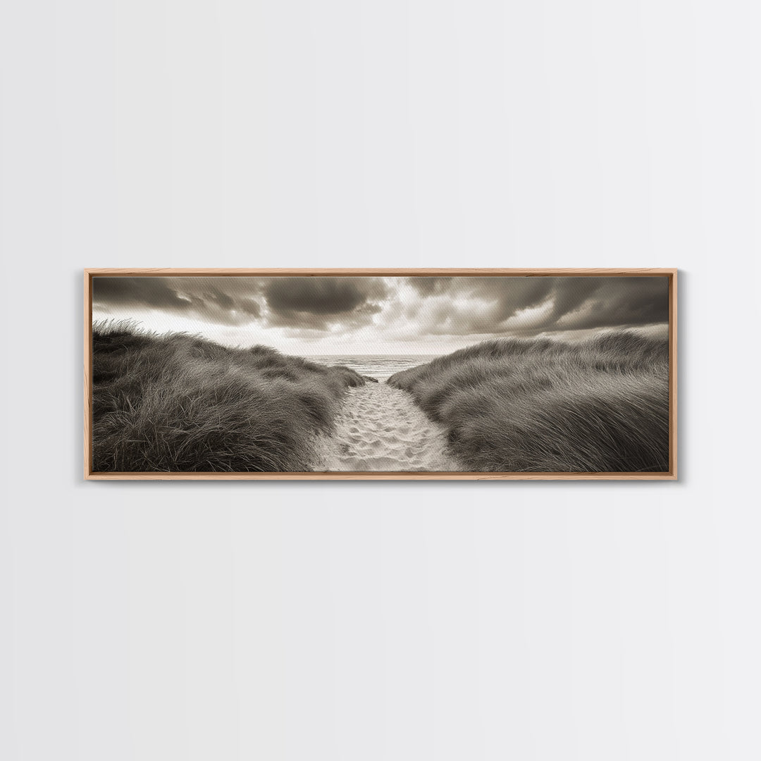 Sandy Dune Path, Grassy Trail, Seaside Journey, Beach Nature Scene, Framed Canvas Print, Minimalist Wall Art, Autumn Coastal Decor