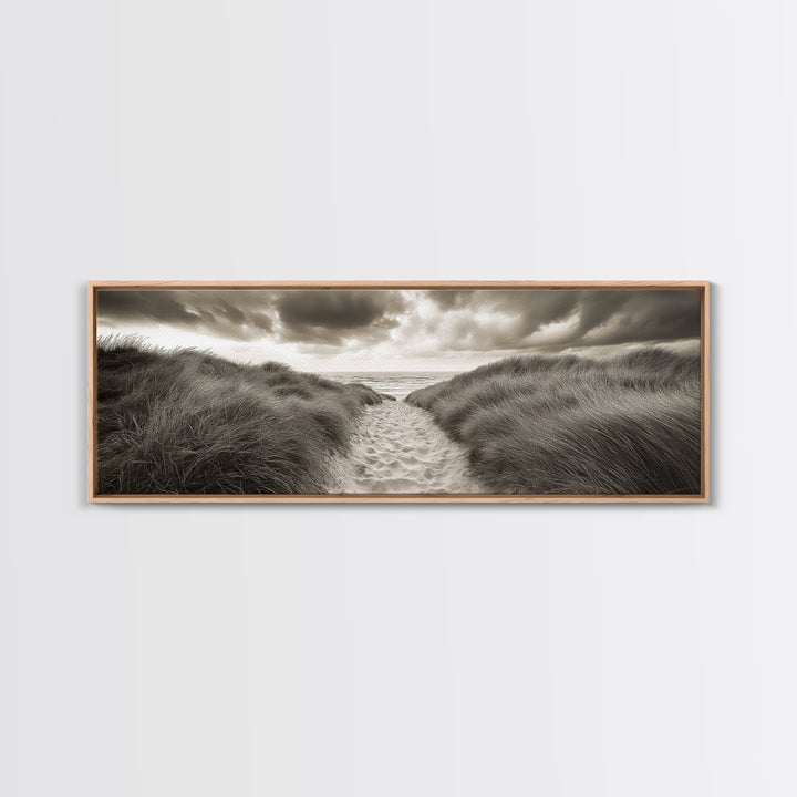 Sandy Dune Path, Grassy Trail, Seaside Journey, Beach Nature Scene, Framed Canvas Print, Minimalist Wall Art, Autumn Coastal Decor