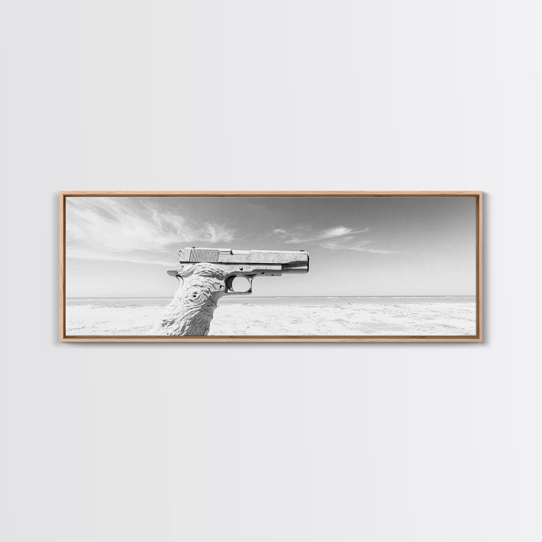 Desert Gun, Driftwood Grip, Coastal Surreal, Canvas Print, Minimalist Wall Art, Western Decor, Modern Living Room Art, Black and White Photo