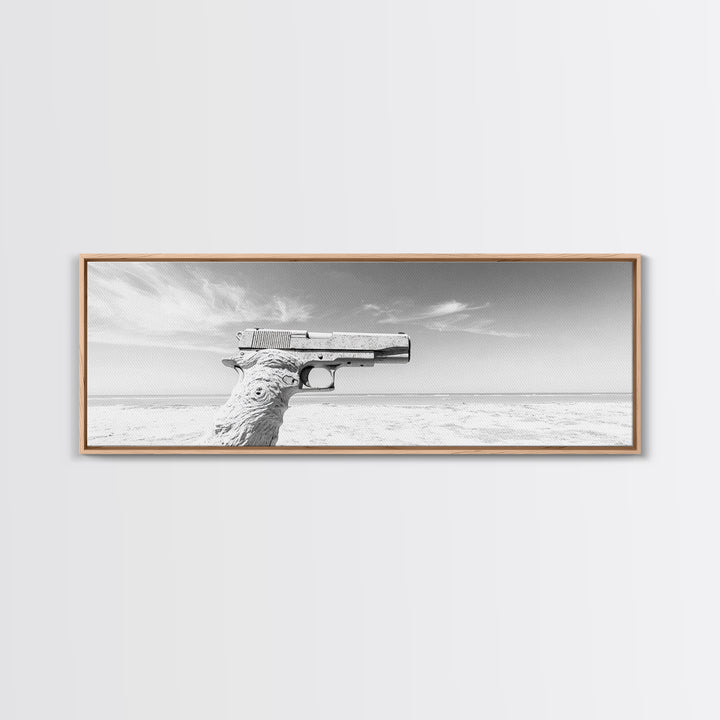 Desert Gun, Driftwood Grip, Coastal Surreal, Canvas Print, Minimalist Wall Art, Western Decor, Modern Living Room Art, Black and White Photo