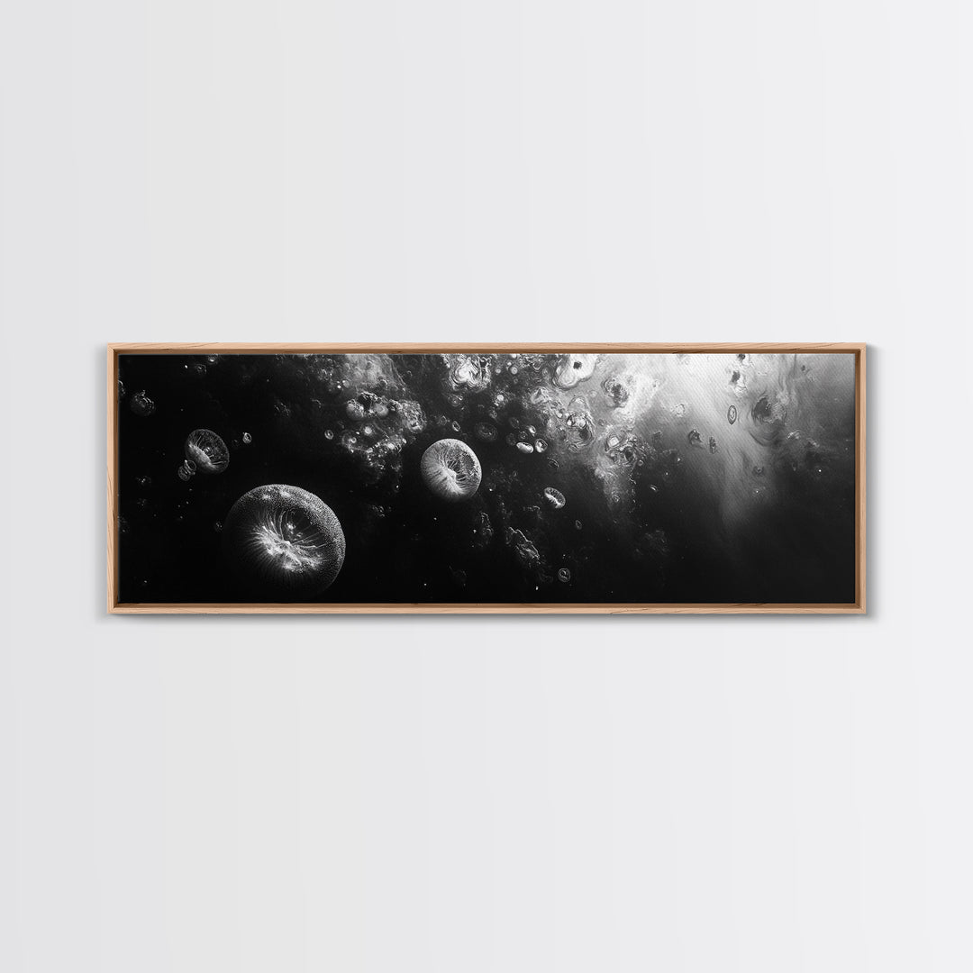 Jellyfish Dreams, Ocean Depths, Abstract Motion, Canvas Print, Coastal Bathroom Art, Nautical Theme, Moody Black and White Sea Life