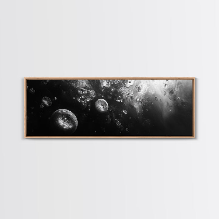 Jellyfish Dreams, Ocean Depths, Abstract Motion, Canvas Print, Coastal Bathroom Art, Nautical Theme, Moody Black and White Sea Life