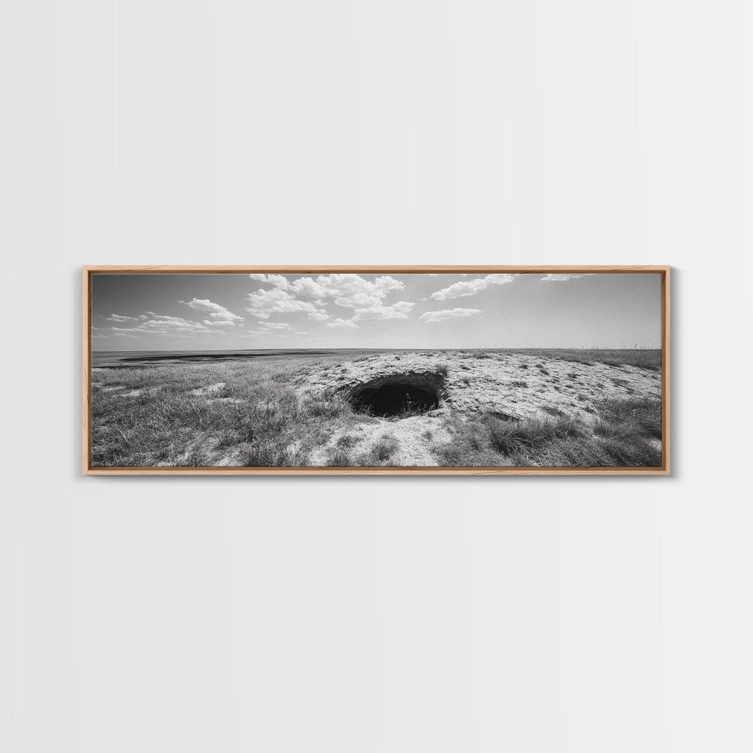 Prairie Cave, Windy Plains, Nature Escape, Canvas Print, Rustic Wall Art, Earthy Decor, Bedroom Accent, Black and White Landscape