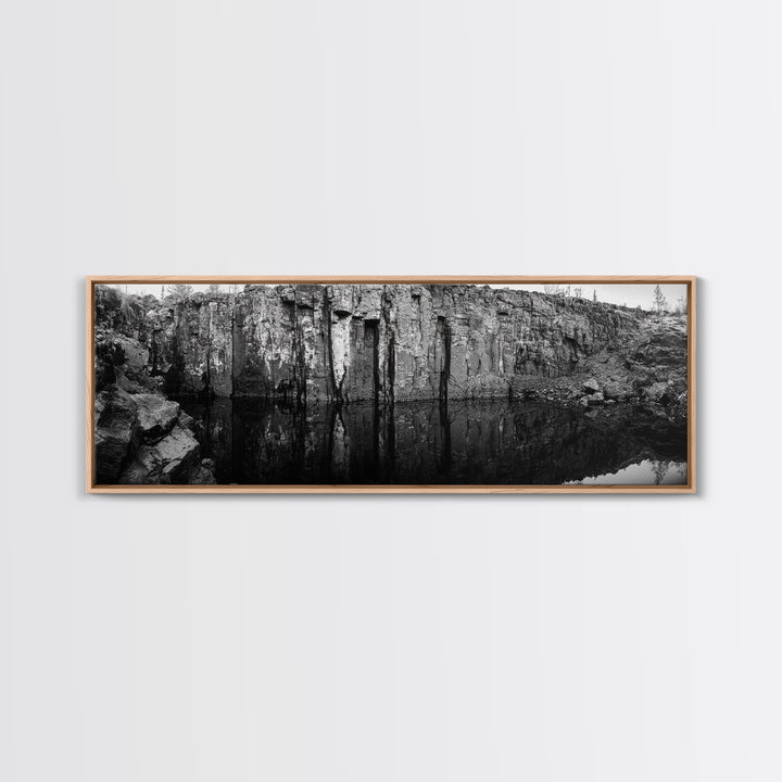 Quarry Wall, Rocky Cliff, Natural Reflection, Still Water, Framed Canvas Print, Industrial Wall Art, Man Cave Decor, Rustic Landscape Art