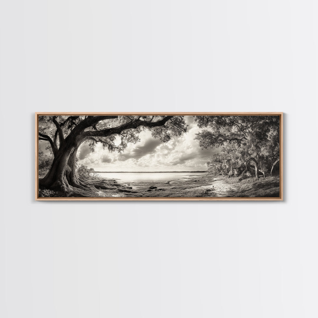 Ancient Tree, Spanish Moss, Forest Path, Framed Canvas Print, Rustic Nature Art, Living Room Wall Art, Earthy Tones, Woodland Photography