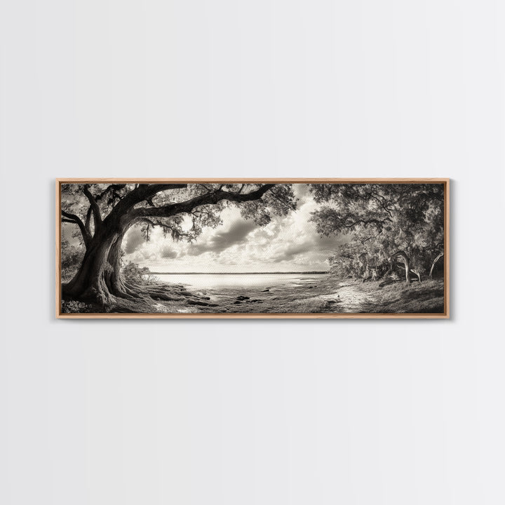 Ancient Tree, Spanish Moss, Forest Path, Framed Canvas Print, Rustic Nature Art, Living Room Wall Art, Earthy Tones, Woodland Photography