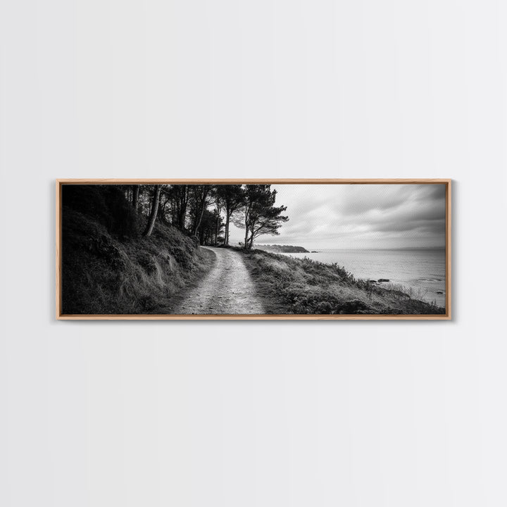 Coastal Trail, Forest Edge, Serene Path, Canvas Print, Black and White Nature Art, Entryway Wall Art, Tranquil Landscape, Moody Decor