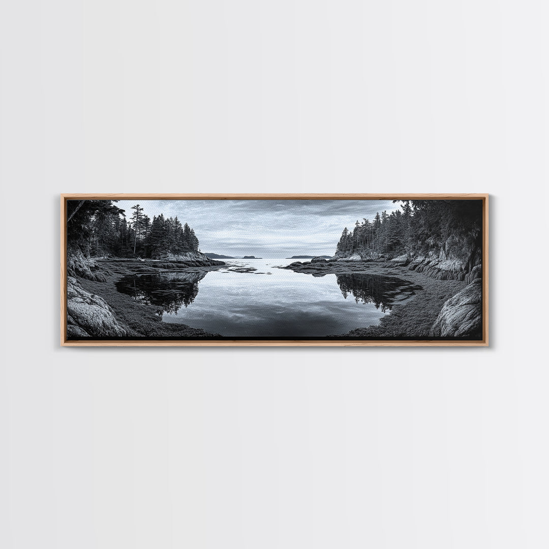 Forest Inlet, Calm Waters, Rocky Shore, Framed Canvas Print, Pacific Northwest Wall Art, Neutral Decor, Nature Photography, Rustic Vibes