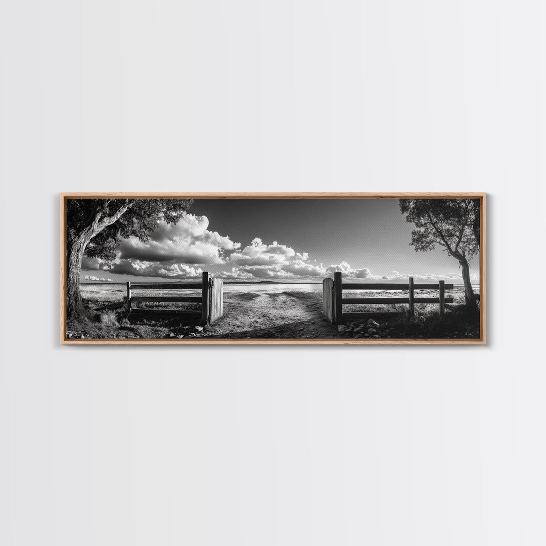 Wooden Fence, Open Field, Cloud Horizon, Framed Canvas Print, Country Landscape Photography, Entryway Wall Art, Farmhouse Autumn Decor