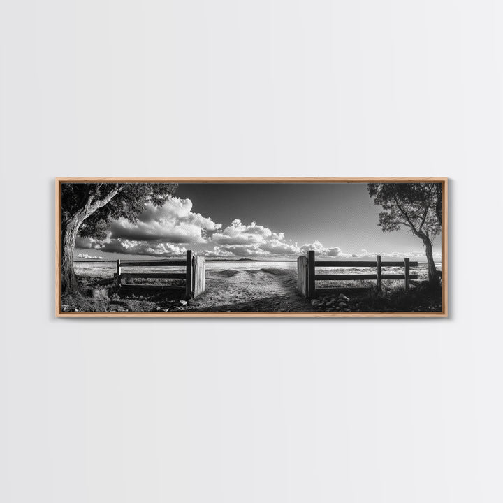 Wooden Fence, Open Field, Cloud Horizon, Framed Canvas Print, Country Landscape Photography, Entryway Wall Art, Farmhouse Autumn Decor