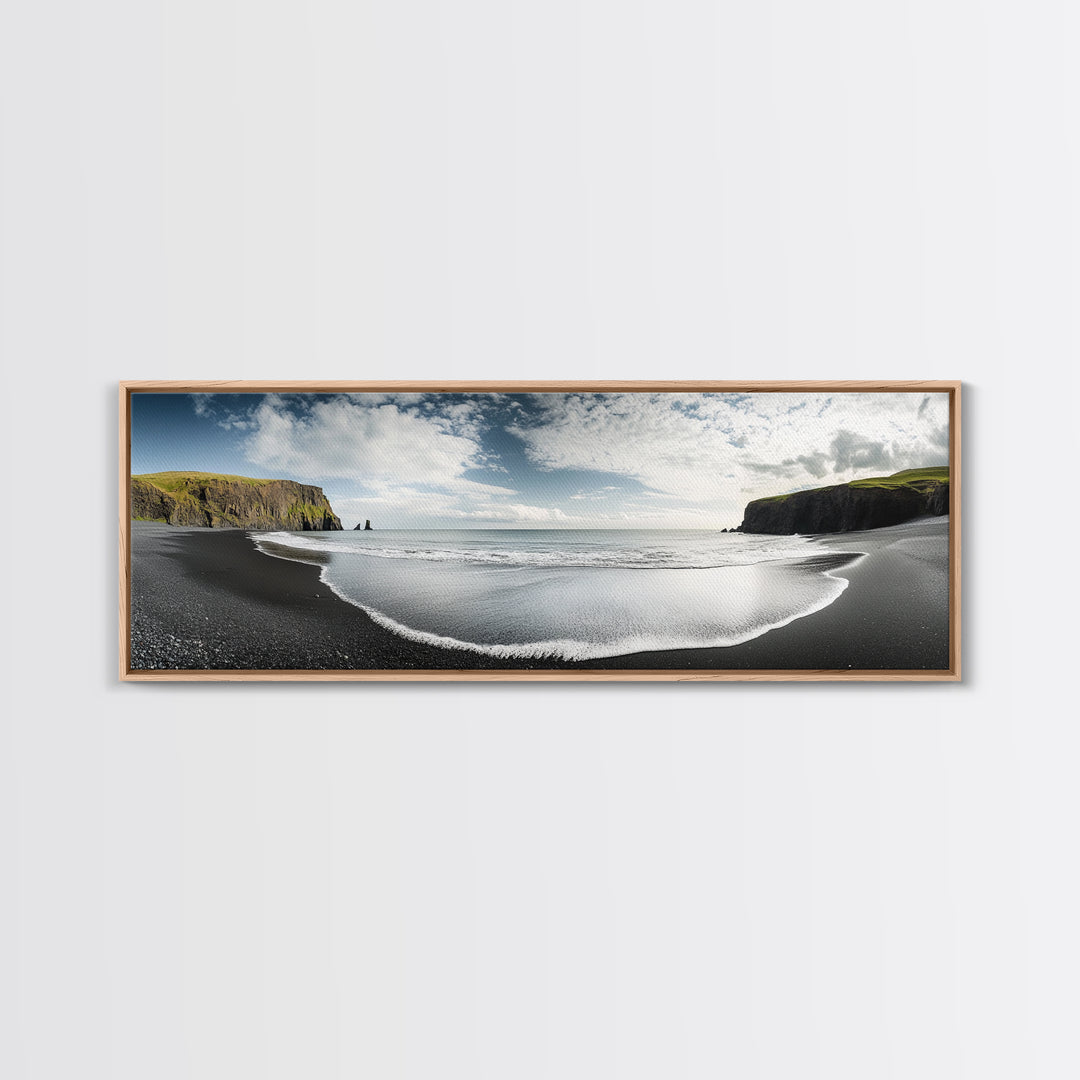 Black Sand Beach, Coastal Cliffs, Ocean Horizon, Icelandic Shore, Framed Canvas Print, Living Room Wall Art, Travel Landscape, Nature Decor