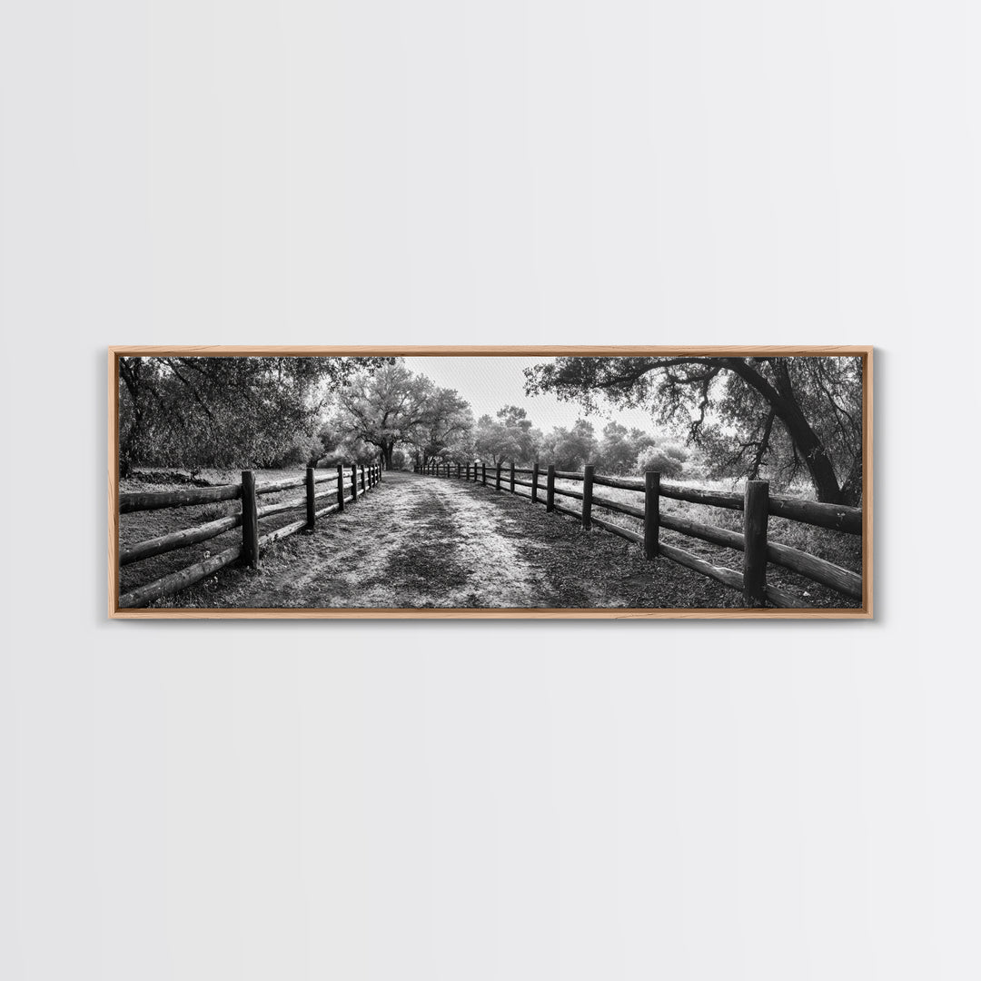 Tree Tunnel, Country Path, Fence Shadows, Framed Canvas Print, Black and White Nature Art, Rustic Wall Art, Autumn Entryway Decor