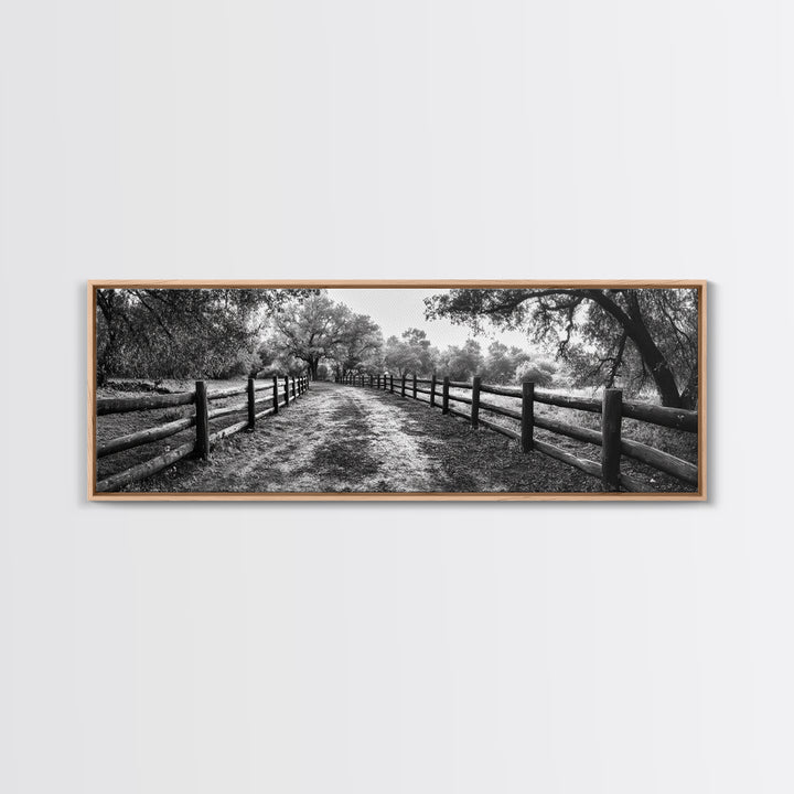 Tree Tunnel, Country Path, Fence Shadows, Framed Canvas Print, Black and White Nature Art, Rustic Wall Art, Autumn Entryway Decor