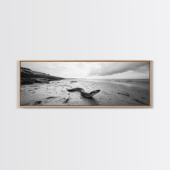 Snake On Beach, Coastal Wildlife, Dramatic Black and White, Framed Canvas Print, Nature Wall Art, Minimalist Decor, Office Statement Art