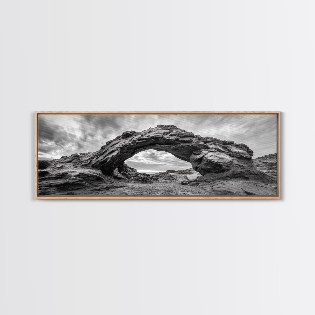 Rock Arch Landscape, Desert Formations, Dramatic Sky, Framed Canvas Print, Living Room Wall Art, Nature Inspired Decor, Monochrome Vibe