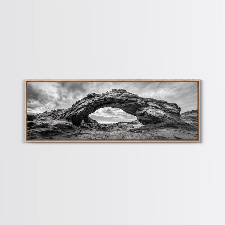 Rock Arch Landscape, Desert Formations, Dramatic Sky, Framed Canvas Print, Living Room Wall Art, Nature Inspired Decor, Monochrome Vibe