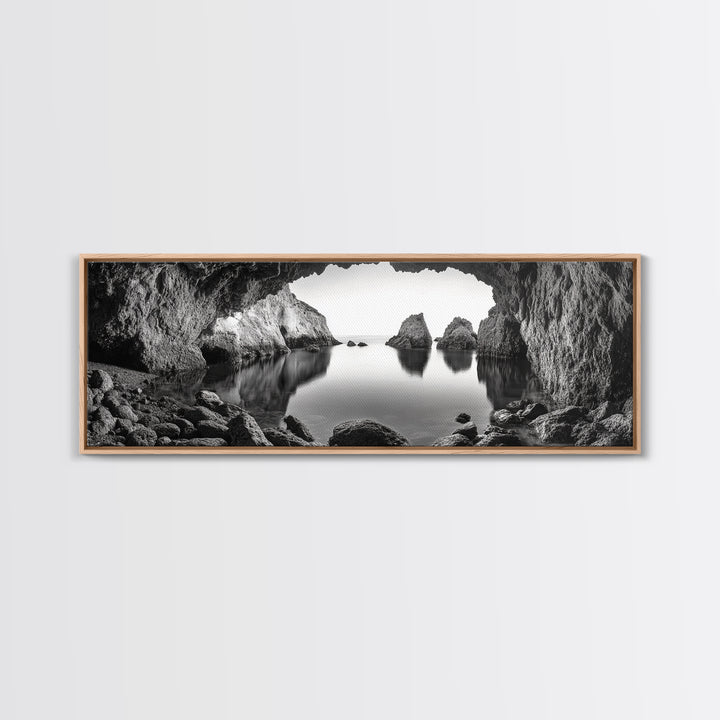 Sea Cave View, Ocean Reflections, Nature Escape, Framed Canvas Print, Beach House Wall Art, Zen Decor, Black and White Coastal Style