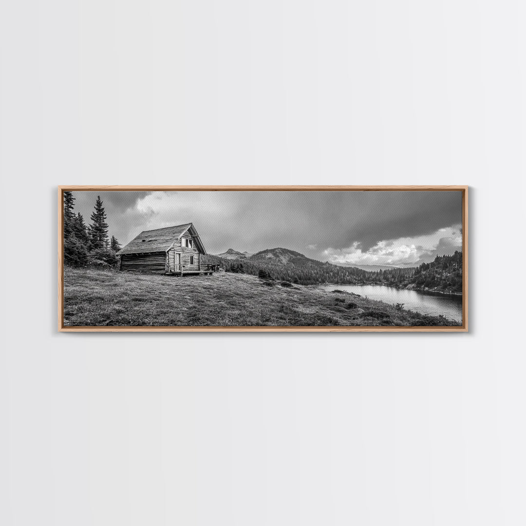 Cabin On Hill, Mountain Lake, Rustic Retreat, Canvas Print, Fall Wall Art, Cozy Home Decor, Adventure Landscape, Nature-Inspired Design