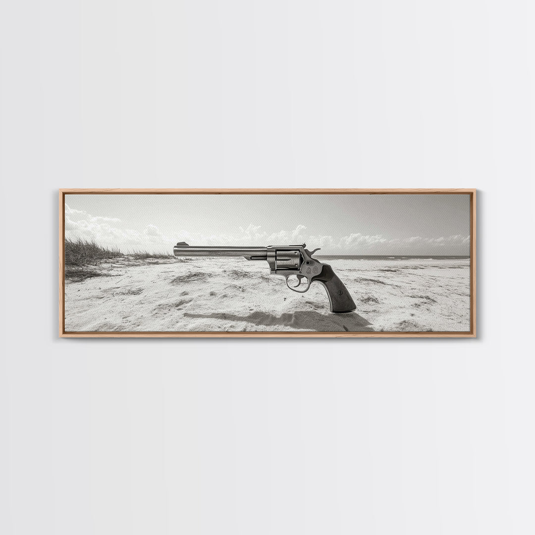 Revolver On Beach, Western Vibes, Americana Style, Framed Canvas Print, Man Cave Wall Art, Bold Statement Decor, Coastal Contrast
