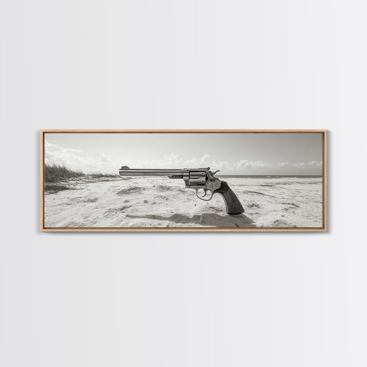 Revolver On Beach, Western Vibes, Americana Style, Framed Canvas Print, Man Cave Wall Art, Bold Statement Decor, Coastal Contrast