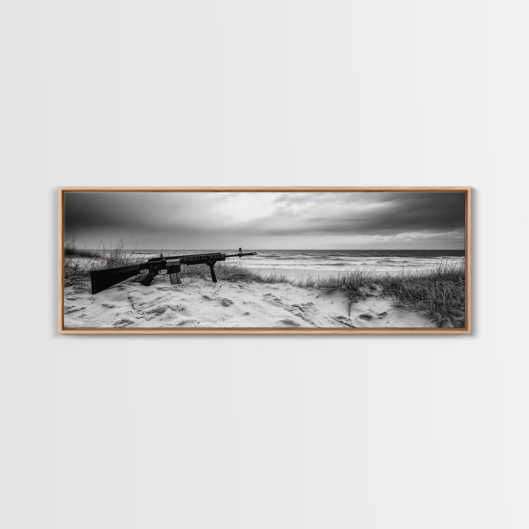 Rifle Seaside Scene, Tactical Still Life, Stormy Beach Mood, Canvas Print, Industrial Wall Art, Dramatic Photography, Masculine Decor