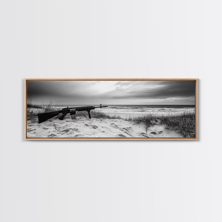 Rifle Seaside Scene, Tactical Still Life, Stormy Beach Mood, Canvas Print, Industrial Wall Art, Dramatic Photography, Masculine Decor