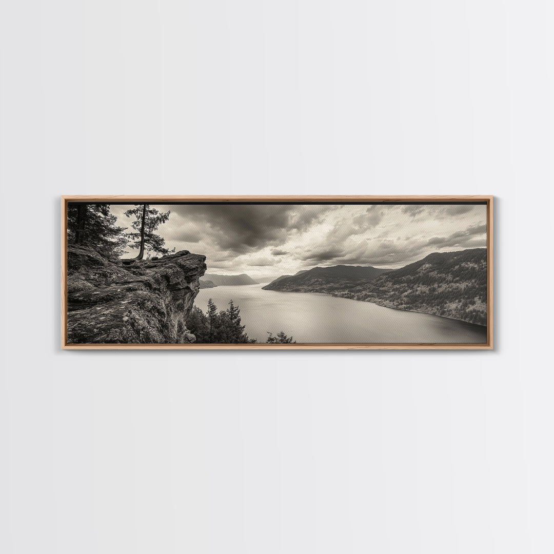 River Cliff View, Forested Mountains, Timeless Horizon, Framed Canvas Print, Living Room Wall Art, Cabin Rustic Decor, Moody Nature Art