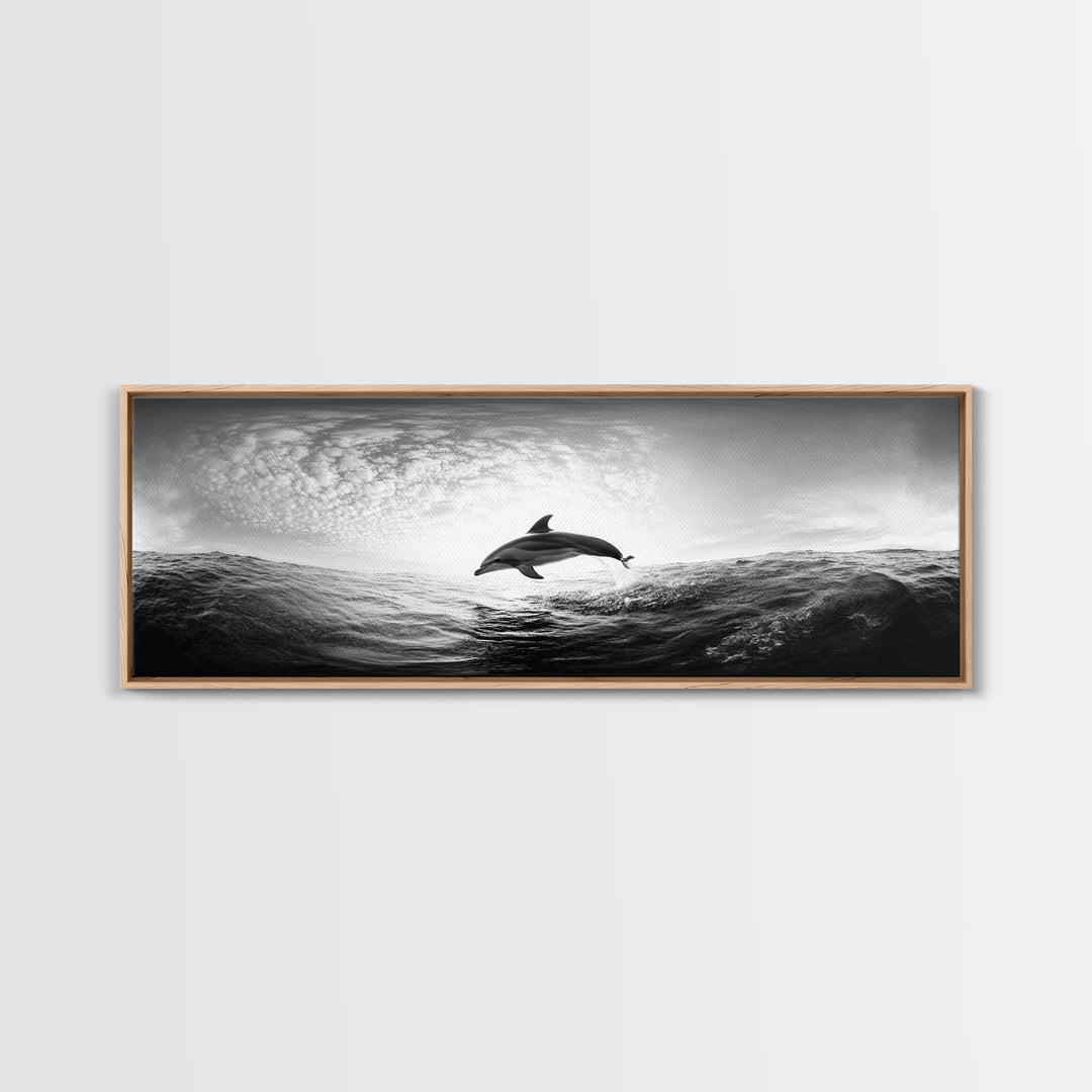 Ocean Dolphin Jump, Seascape Art, Black White Photography, Coastal Wall Decor, Canvas Print, Minimalist Bathroom Wall Art, Nautical Style
