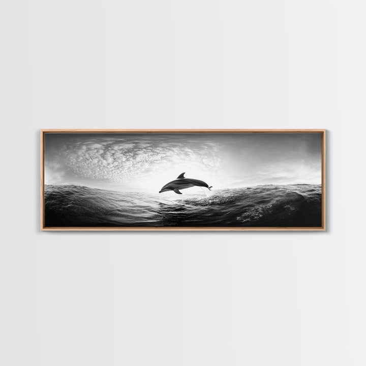 Ocean Dolphin Jump, Seascape Art, Black White Photography, Coastal Wall Decor, Canvas Print, Minimalist Bathroom Wall Art, Nautical Style