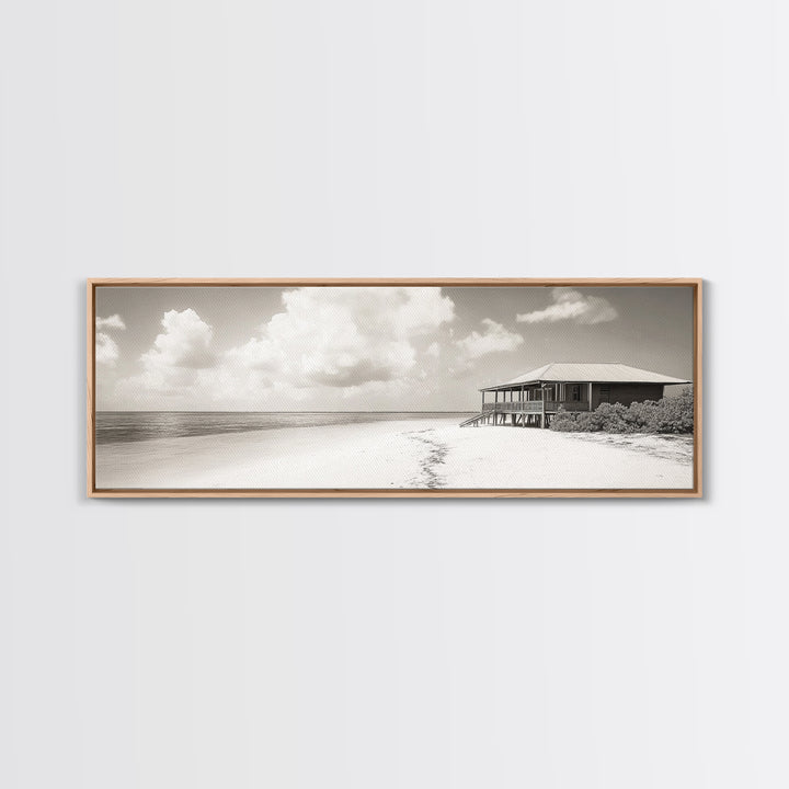 Beach House, Secluded Shore, Calm Waters, Framed Canvas Print, Coastal Wall Art, Minimalist Living Room Decor, Vacation Vibes